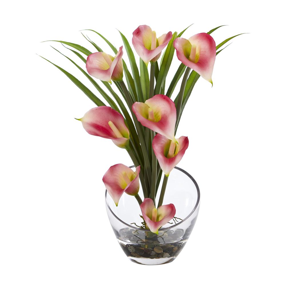15.5in. Calla Lily and Grass Artificial Arrangement in Vase, Pink. Picture 1