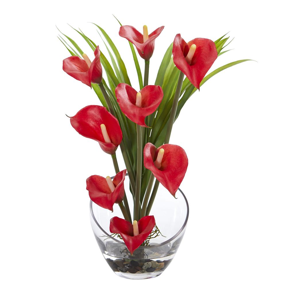 15.5in. Calla Lily and Grass Artificial Arrangement in Vase, Red. Picture 1