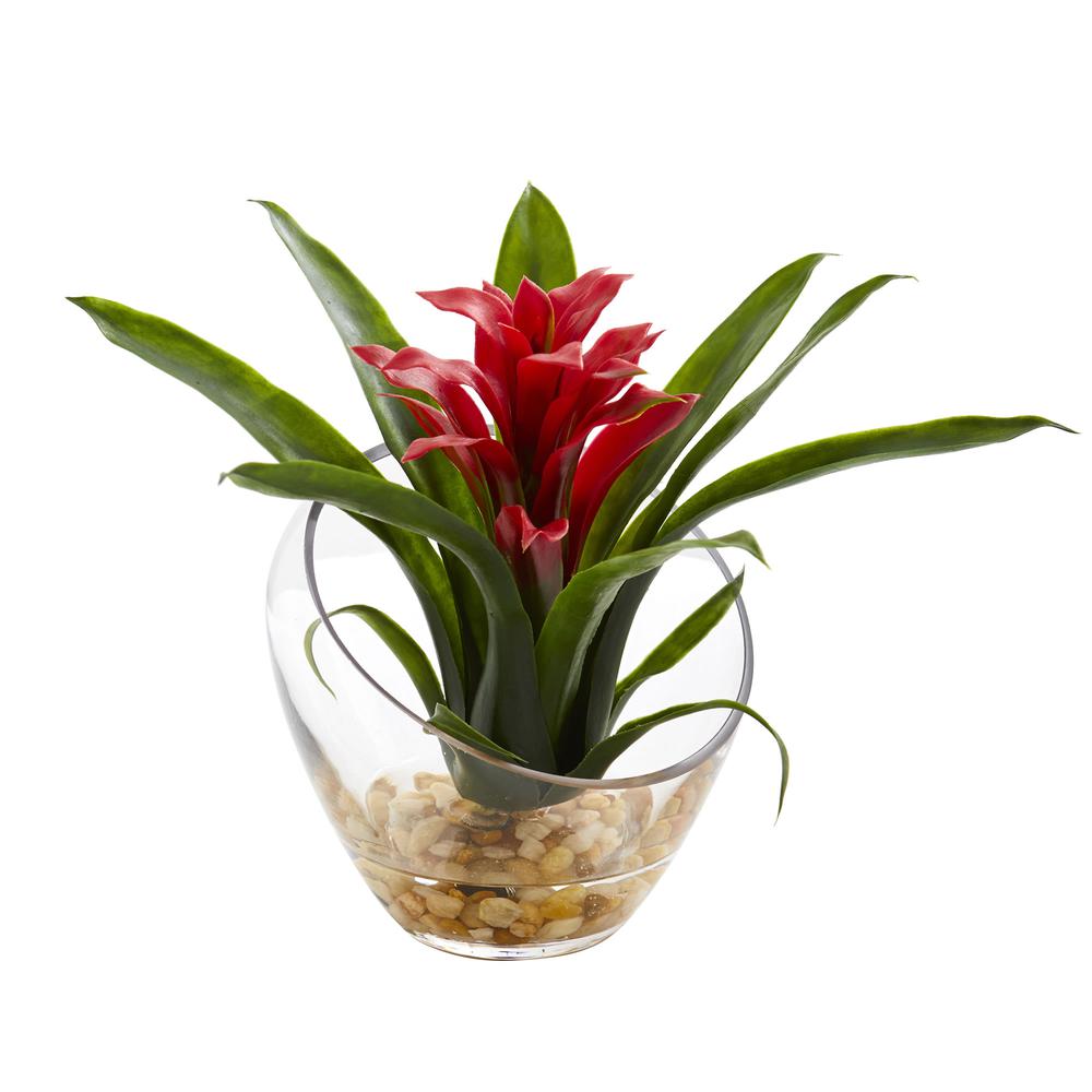 8in. Tropical Bromeliad in Angled Vase Artificial Arrangement, Red. Picture 1
