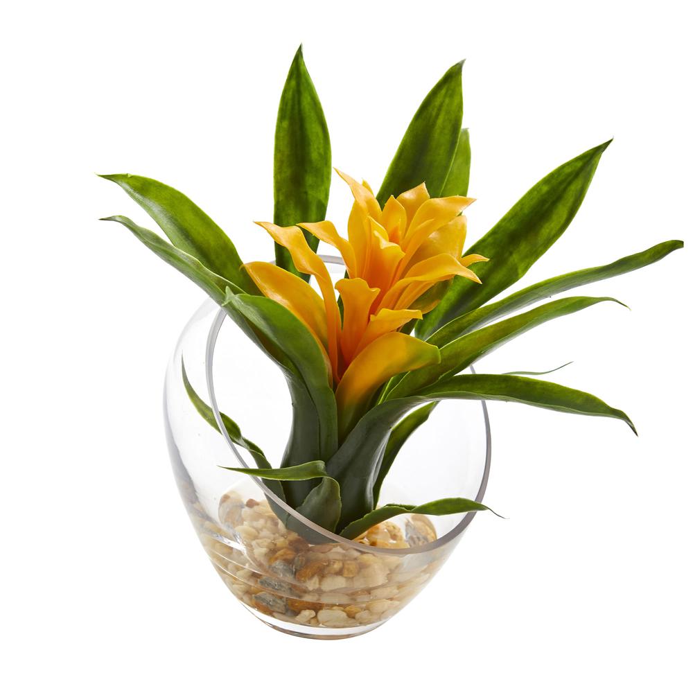 8in. Tropical Bromeliad in Angled Vase Artificial Arrangement, Yellow. Picture 1