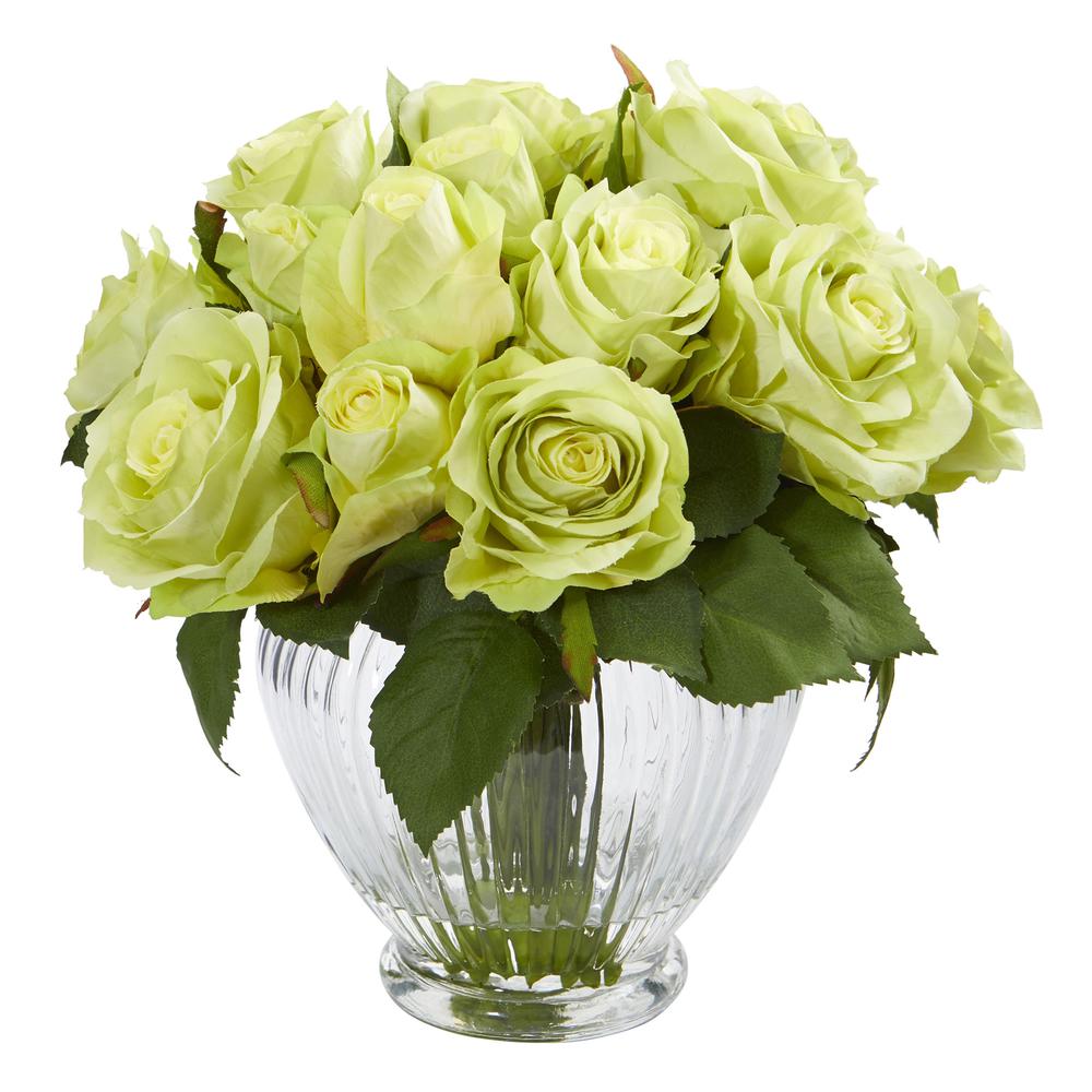 9in. Rose Artificial Floral Arrangement in Elegant Glass Vase. Picture 1
