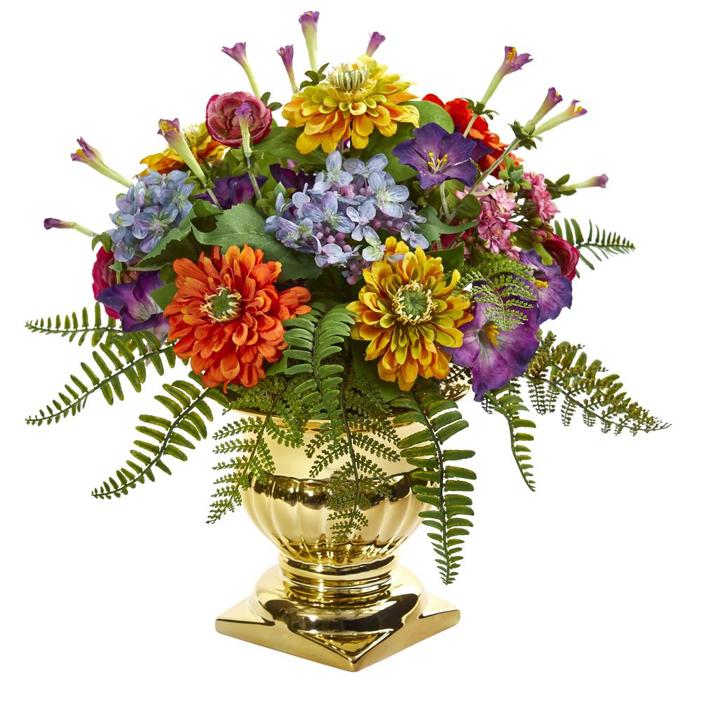 14in. Mixed Floral Artificial Arrangement in Gold Urn. Picture 1