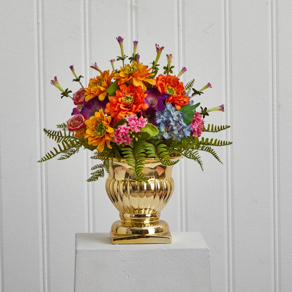 14in. Mixed Floral Artificial Arrangement in Gold Urn. Picture 3