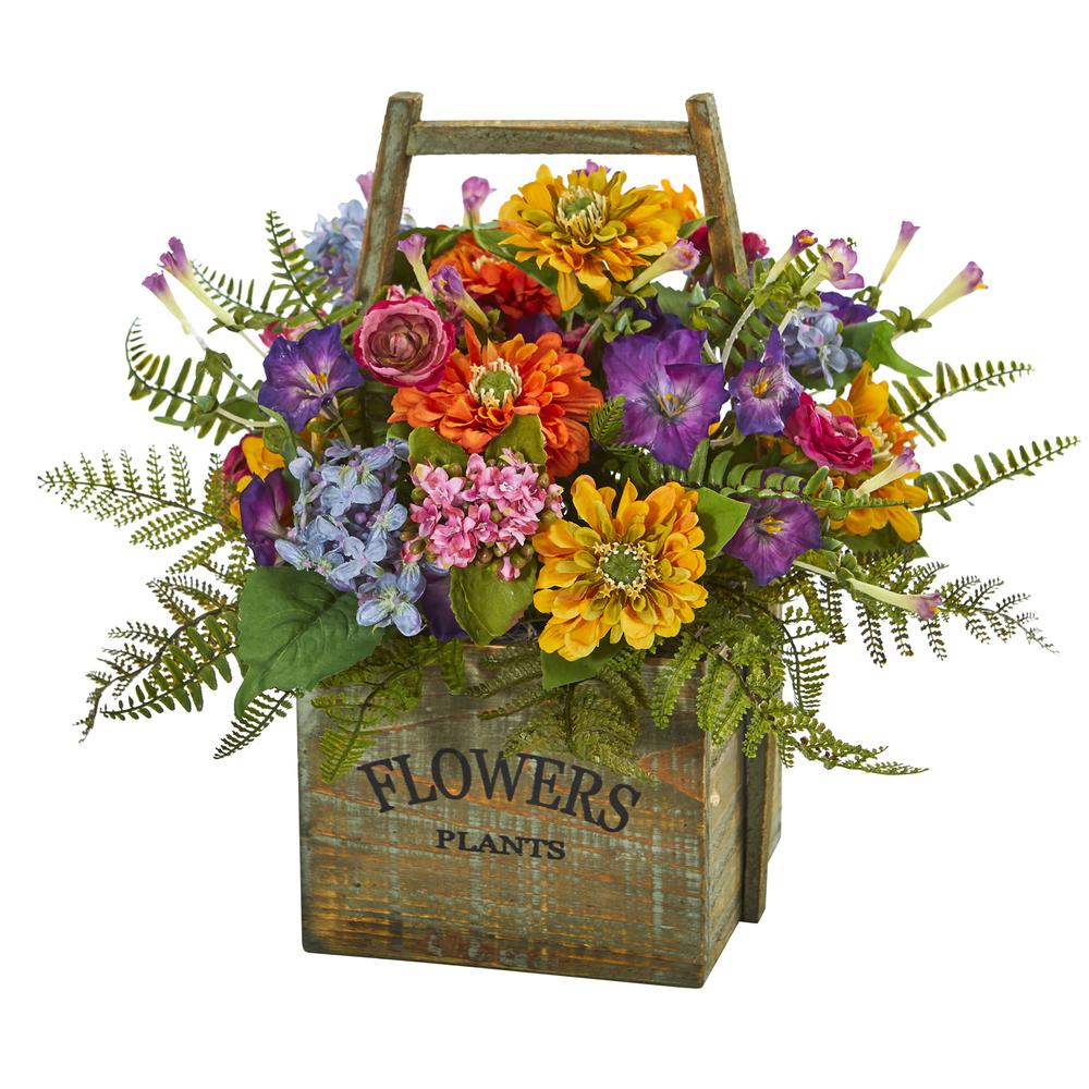 Mixed Floral Artificial Arrangement in Wood Basket. Picture 1