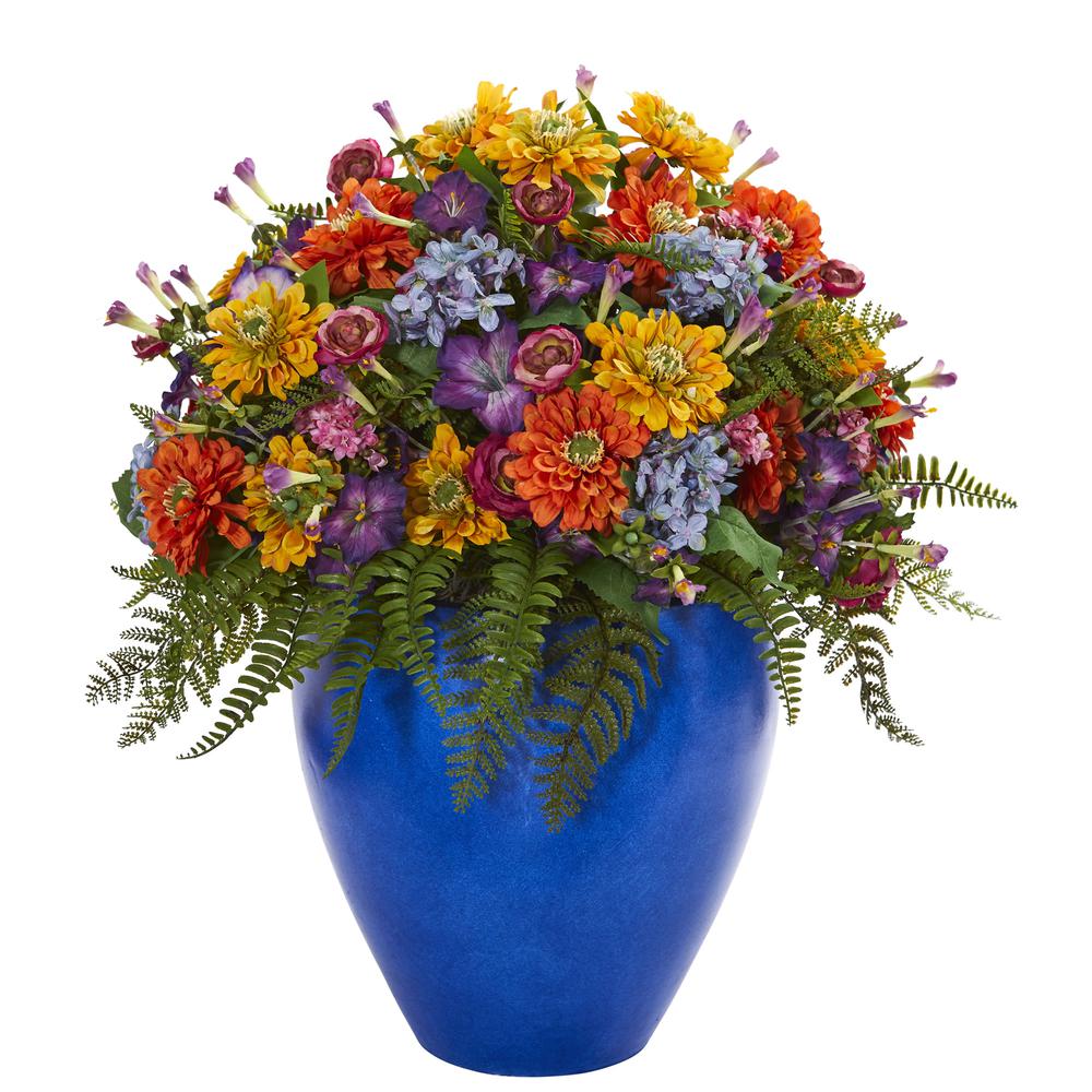Giant Mixed Floral Artificial Arrangement in Blue Vase. Picture 1