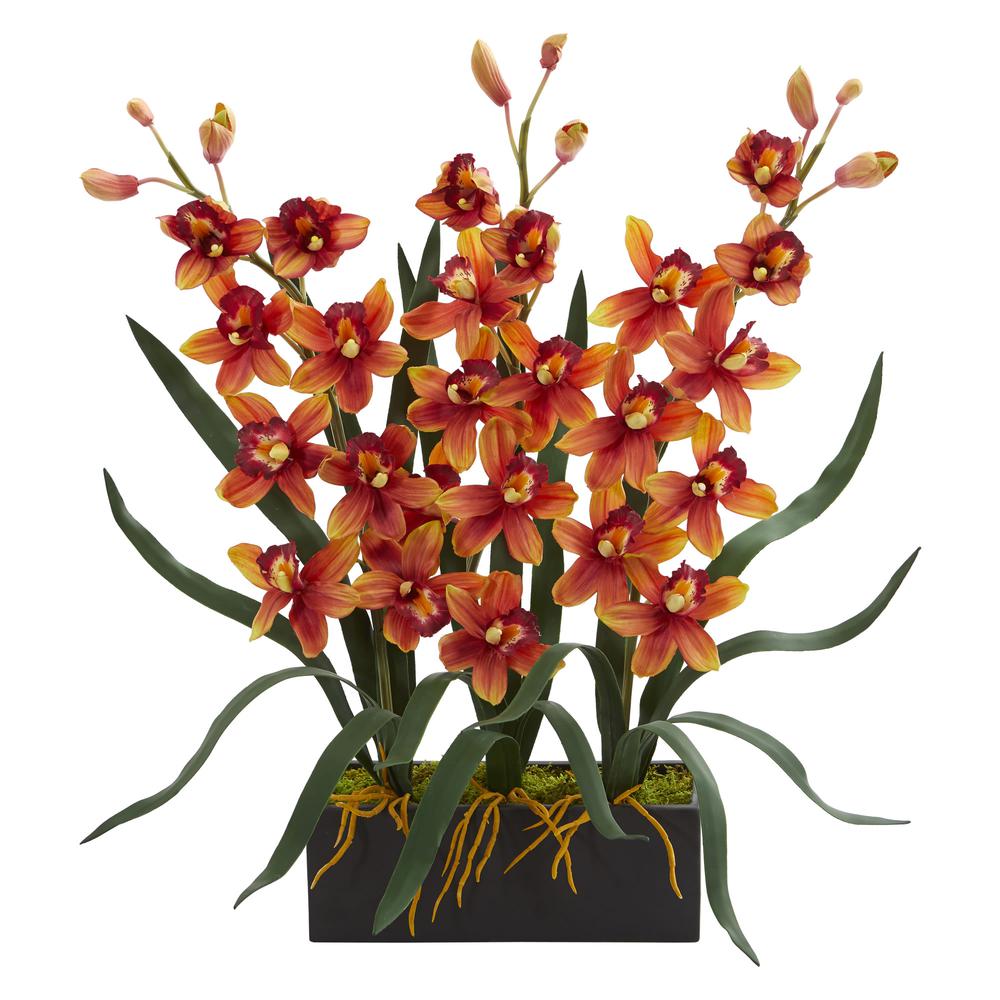 Cymbidium Orchid Artificial Arrangement in Black Vase. Picture 1