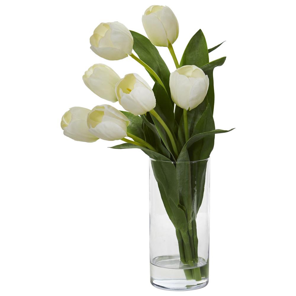 Tulip Artificial Arrangement in Cylinder Vase. Picture 1