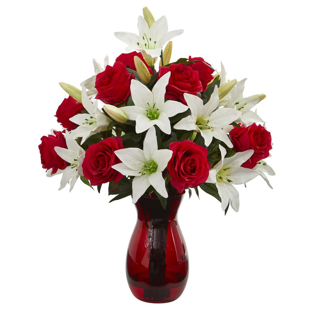 Roses & Lilies Artificial Arrangement in Red Vase. Picture 1