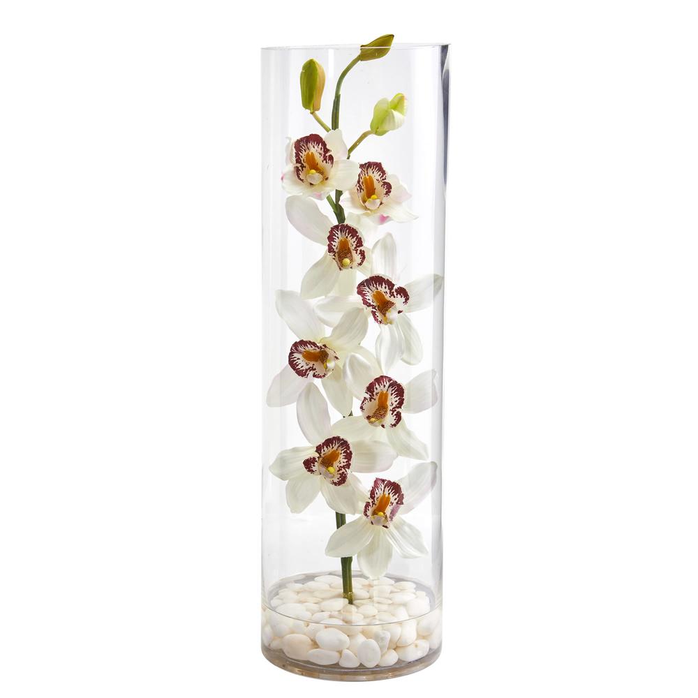 Cymbidium Orchid Artificial Arrangement in Tall Cylinder Vase. Picture 1