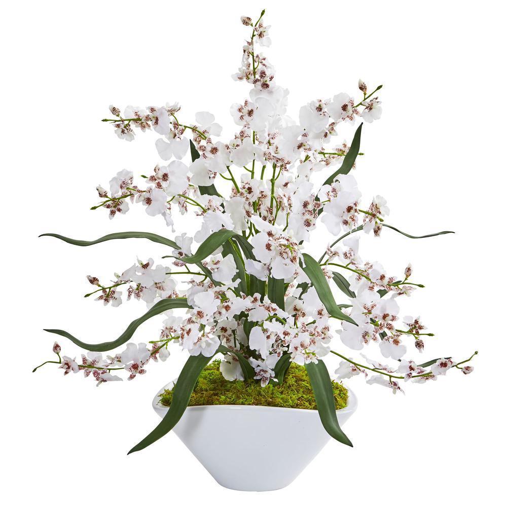 Dancing Lady Orchid Artificial Arrangement in White Vase. Picture 1