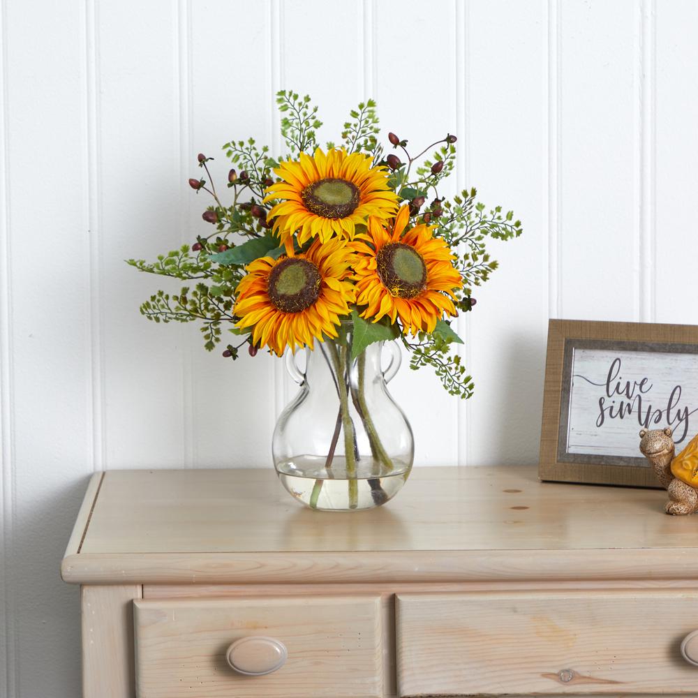 Sunflower Artificial Arrangement in Vase. Picture 2