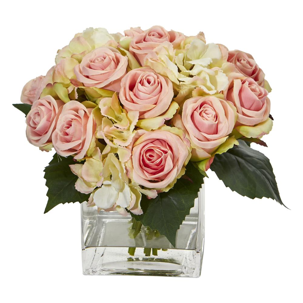 Rose and Hydrangea Bouquet Artificial Arrangement in Vase. Picture 1