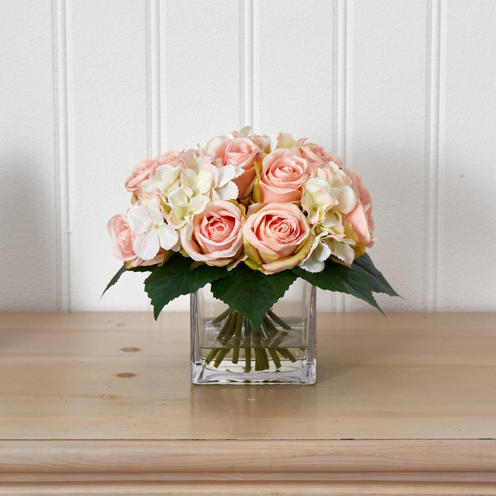 Rose and Hydrangea Bouquet Artificial Arrangement in Vase. Picture 6
