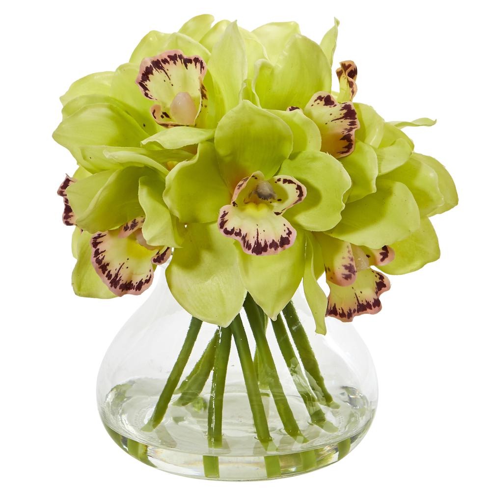 Cymbidium Orchid Artificial Arrangement in Glass Vase, Green. Picture 1