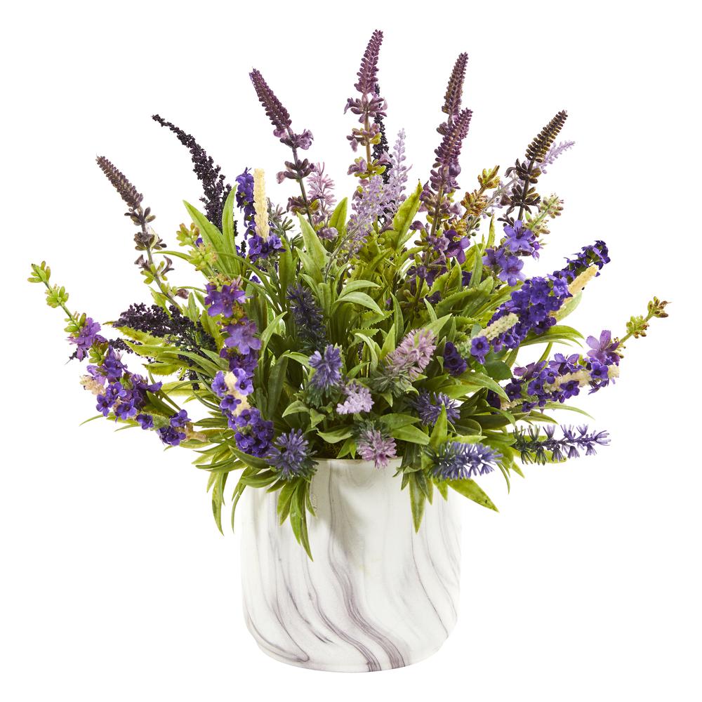 15in. Lavender Artificial Arrangement in Marble Vase. Picture 1