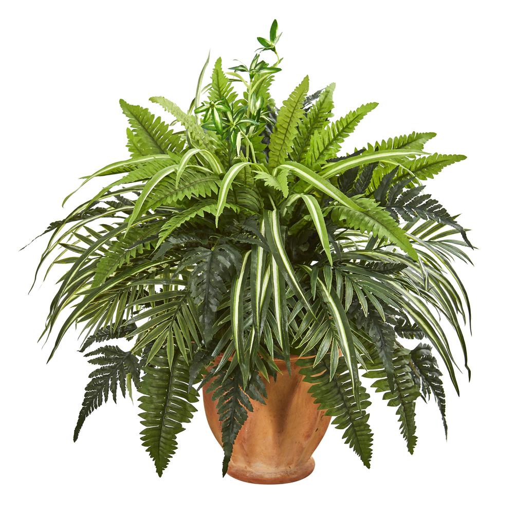 23in. Mixed Greens and Fern Artificial Plant in Terra Cotta Planter. Picture 1
