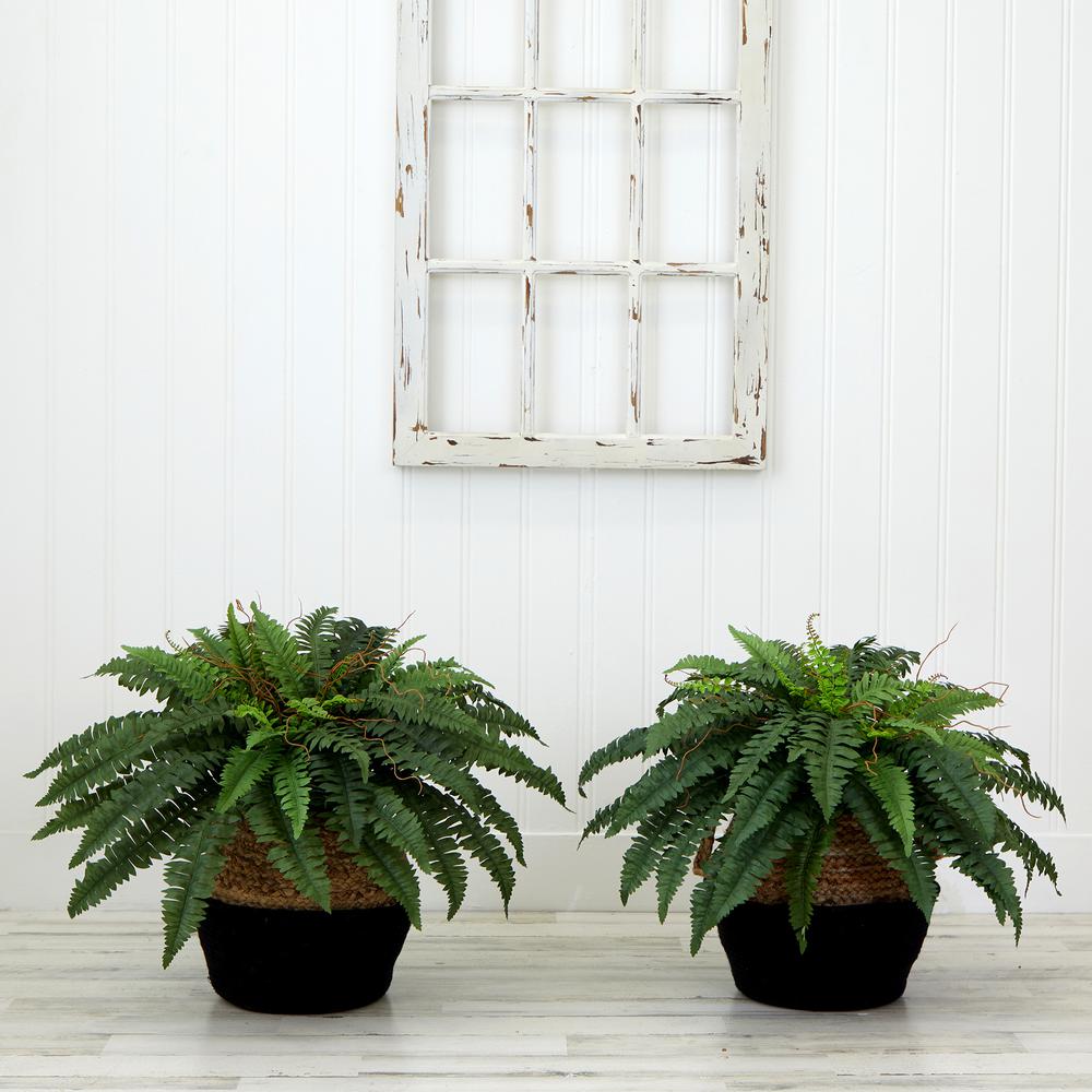 23in. Artificial Boston Fern Plant with Handmade Jute & Cotton Basket (Set of 2). Picture 3