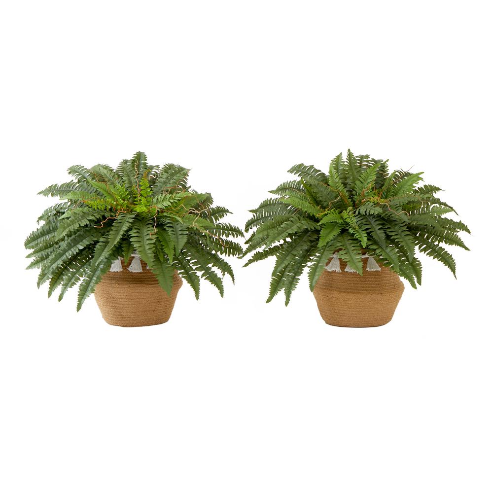 23in. Artificial Boston Fern Plant with Handmade Jute & Cotton Basket (Set of 2). Picture 1