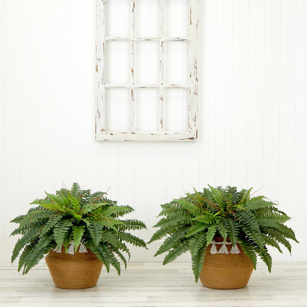 23in. Artificial Boston Fern Plant with Handmade Jute & Cotton Basket (Set of 2). Picture 4