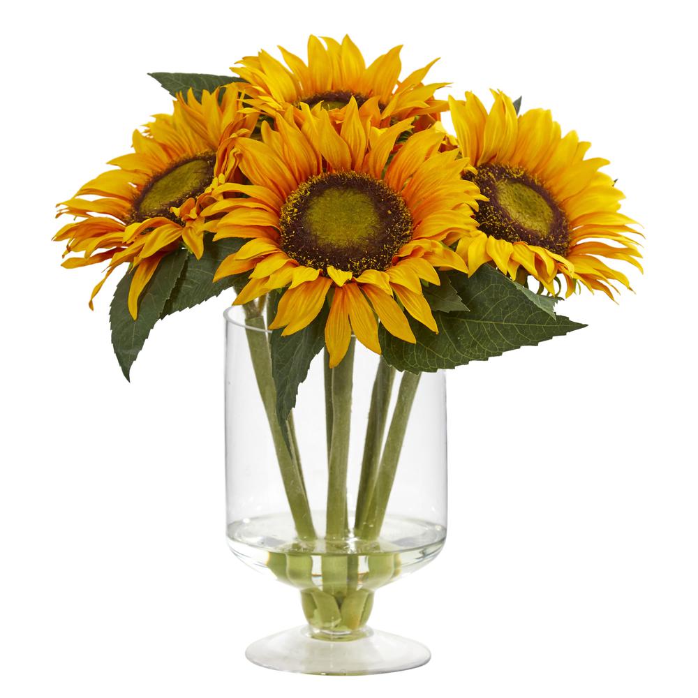 12in. Sunflower Artificial Arrangement in Glass Vase. Picture 1