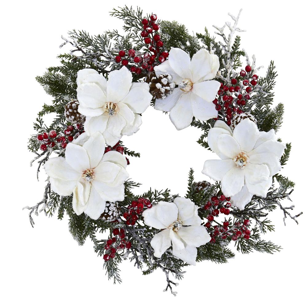22in. Snowed Magnolia & Berry Wreath. Picture 1
