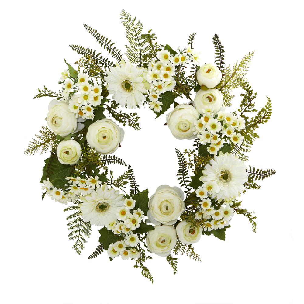 24in. Mixed Daisies and Ranunculus Wreath. Picture 1