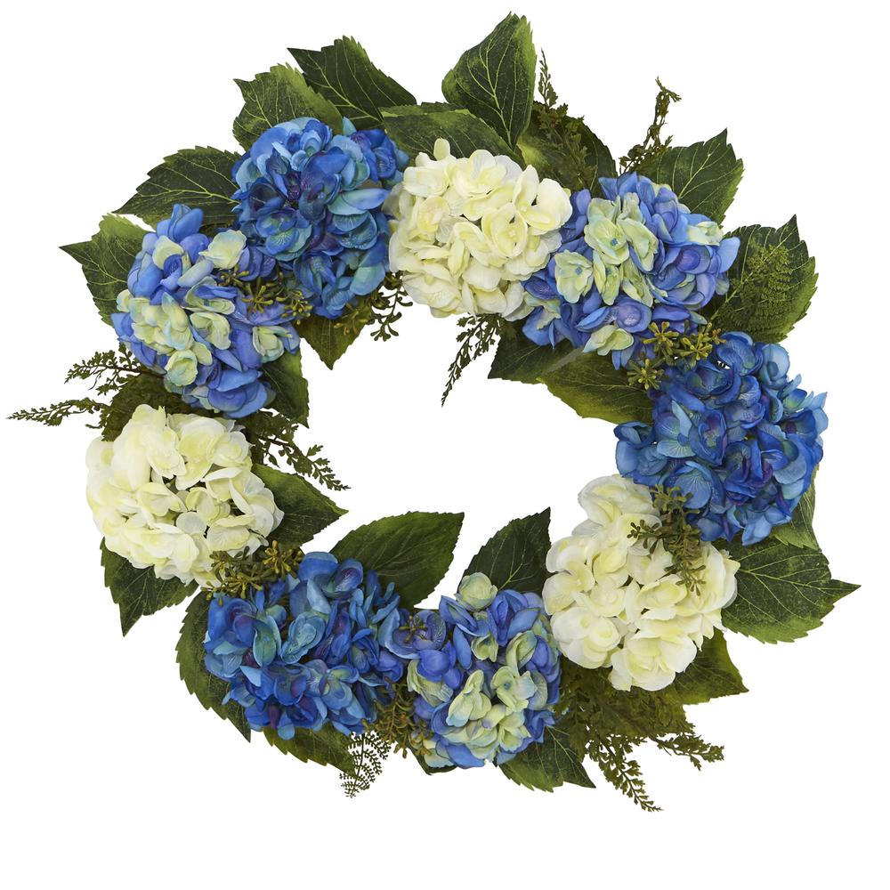 24in. Hydrangea Wreath - Blue. Picture 1