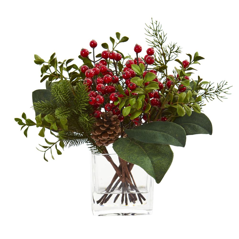 Berry, Pine and Boxwood Artificial Arrangement. Picture 1