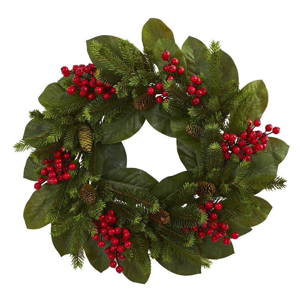 24in. Magnolia Leaf, Berry and Pine Artificial Wreath. Picture 2