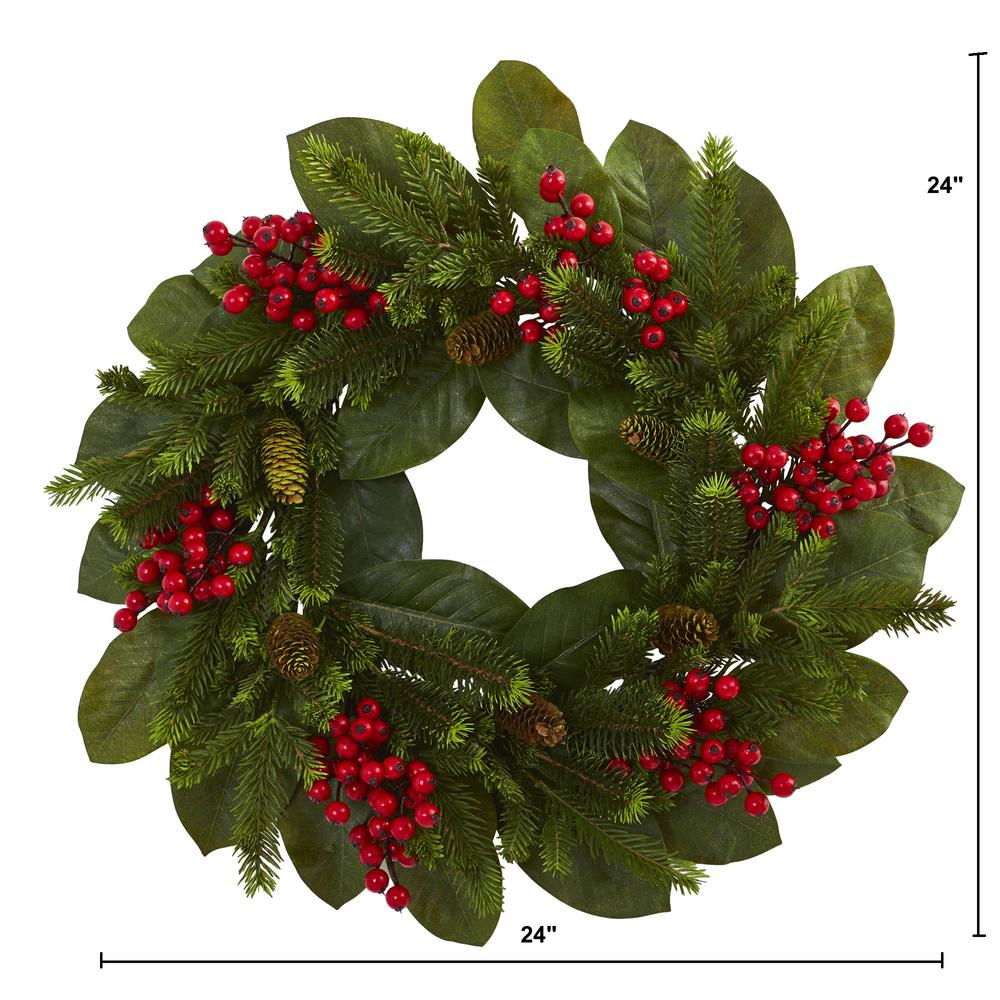 24in. Magnolia Leaf, Berry and Pine Artificial Wreath. Picture 1