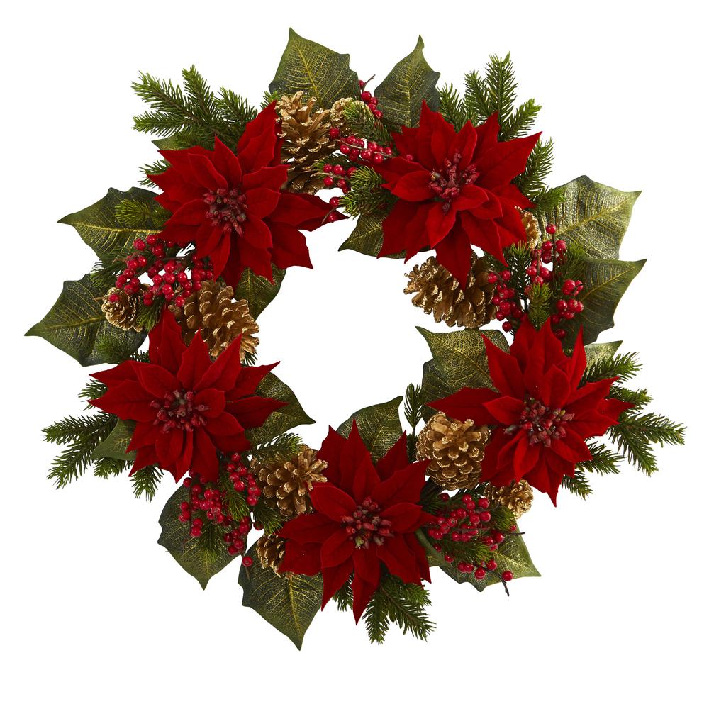 24in. Poinsettia, Berry and Golden Pinecone Artificial Wreath. Picture 1