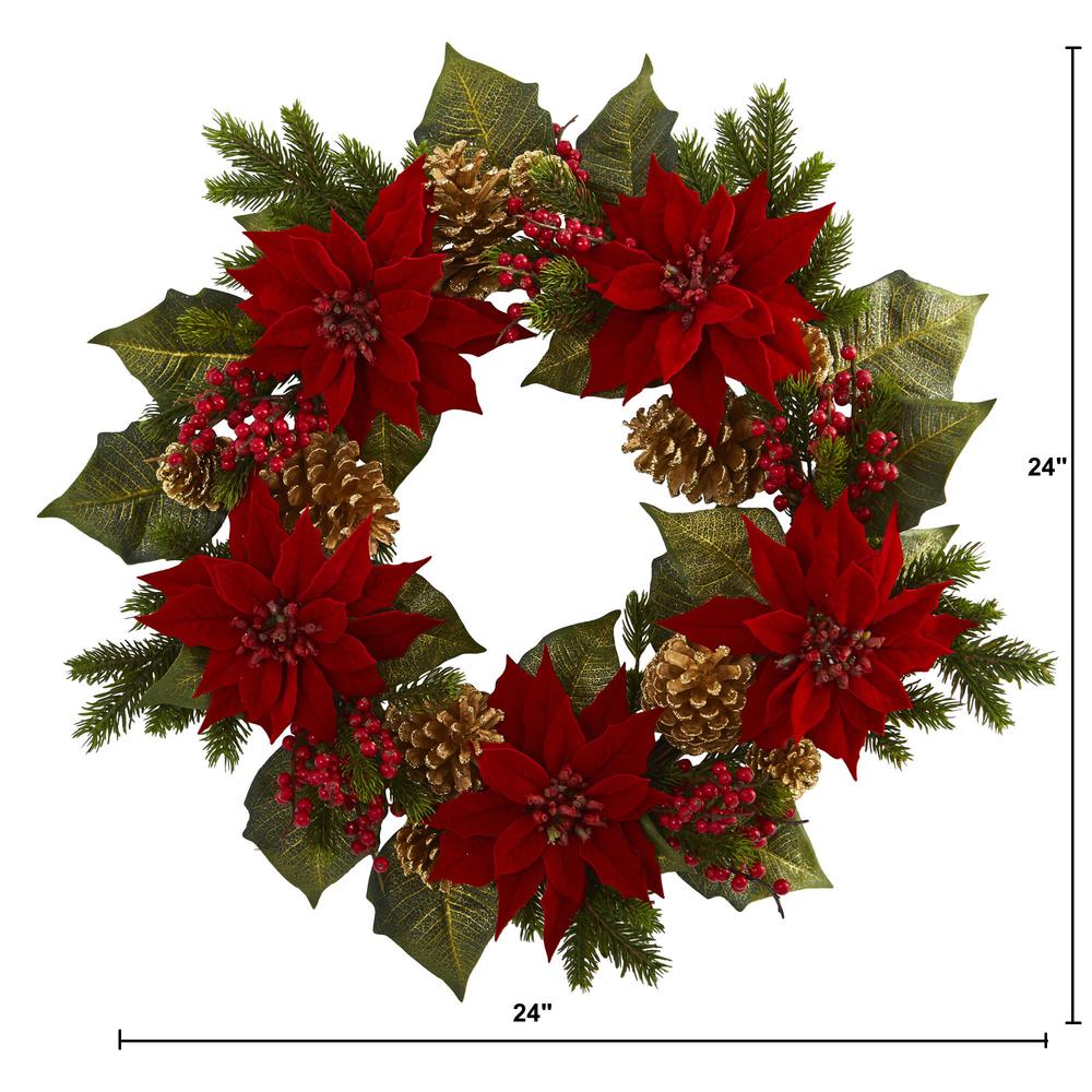 24in. Poinsettia, Berry and Golden Pinecone Artificial Wreath. Picture 2