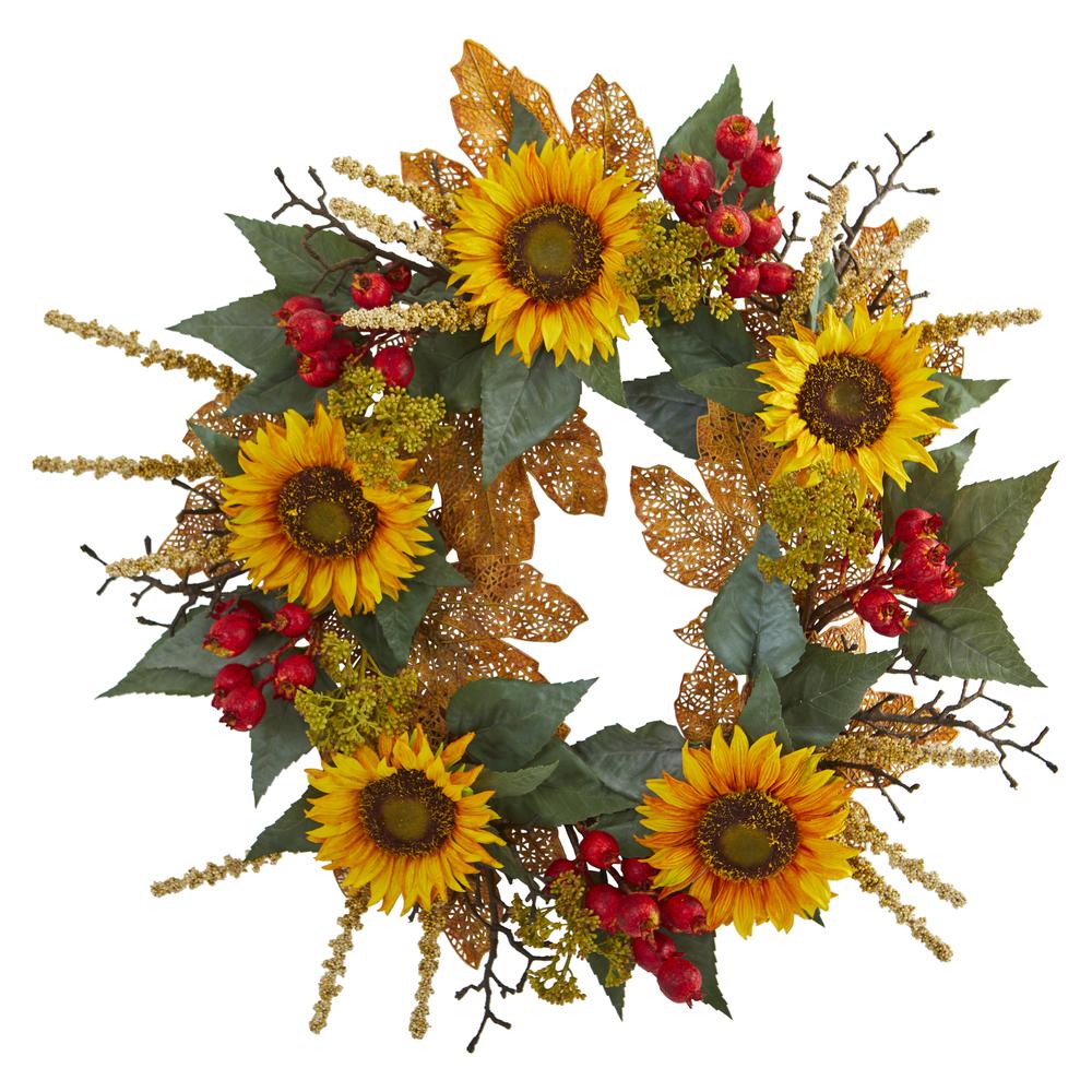27in. Sunflower Berry Artificial Wreath. Picture 1