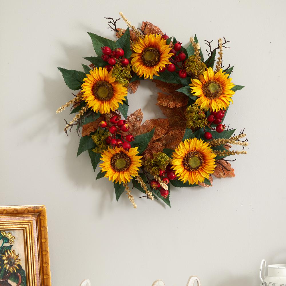 27in. Sunflower Berry Artificial Wreath. Picture 3