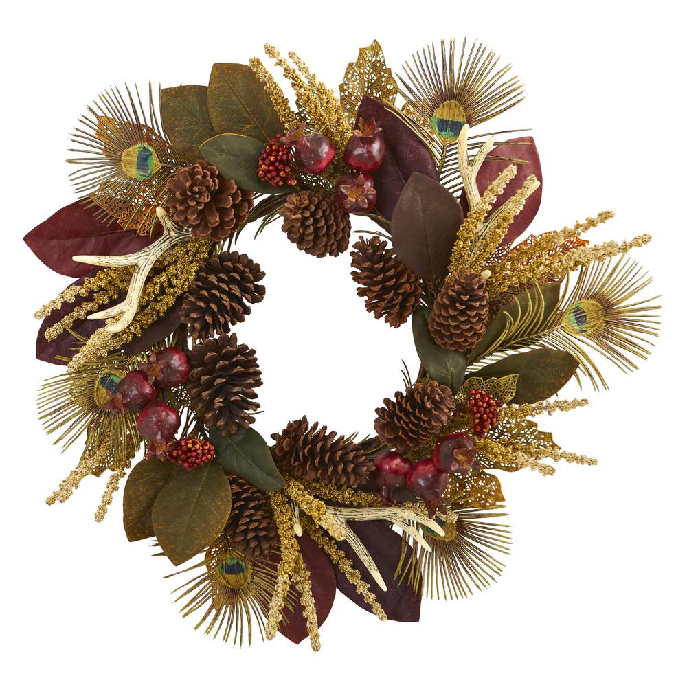 27in. Magnolia Leaf, Berry, Antler and Peacock Feather Artificial Wreath. Picture 1