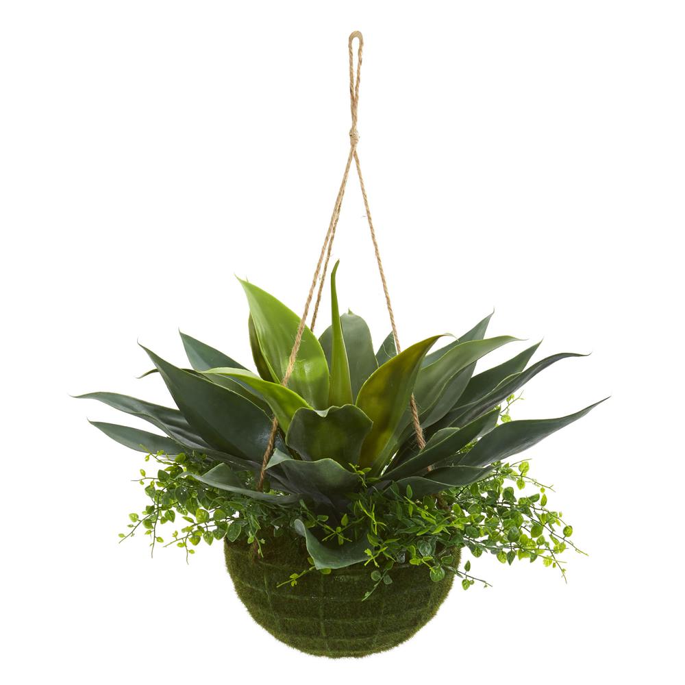 Agave and Maiden Hair Artificial Plant in Hanging Basket (Indoor/Outdoor). Picture 1