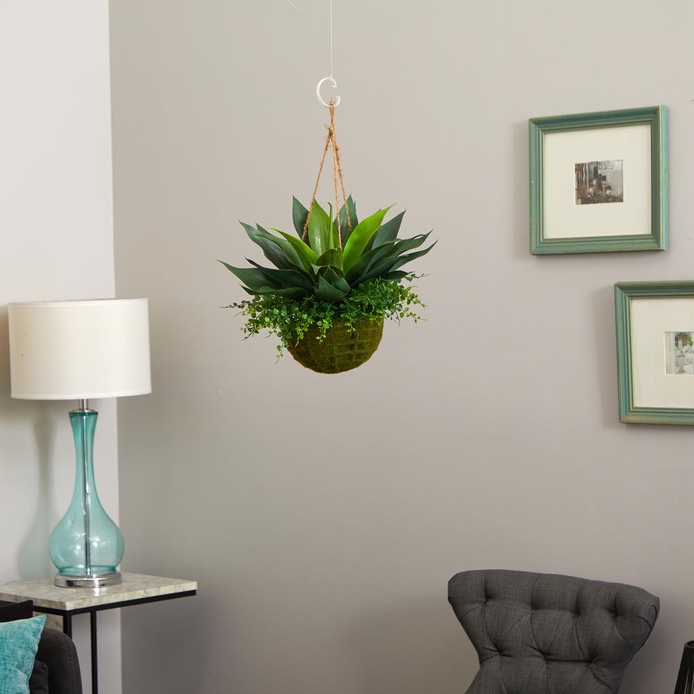 Agave and Maiden Hair Artificial Plant in Hanging Basket (Indoor/Outdoor). Picture 4