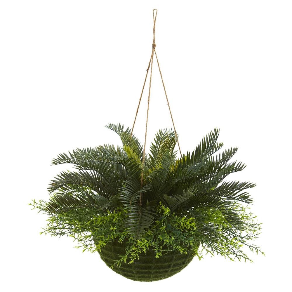 Cycas Artificial Plant in Mossy Hanging Basket (Indoor/Outdoor). Picture 1