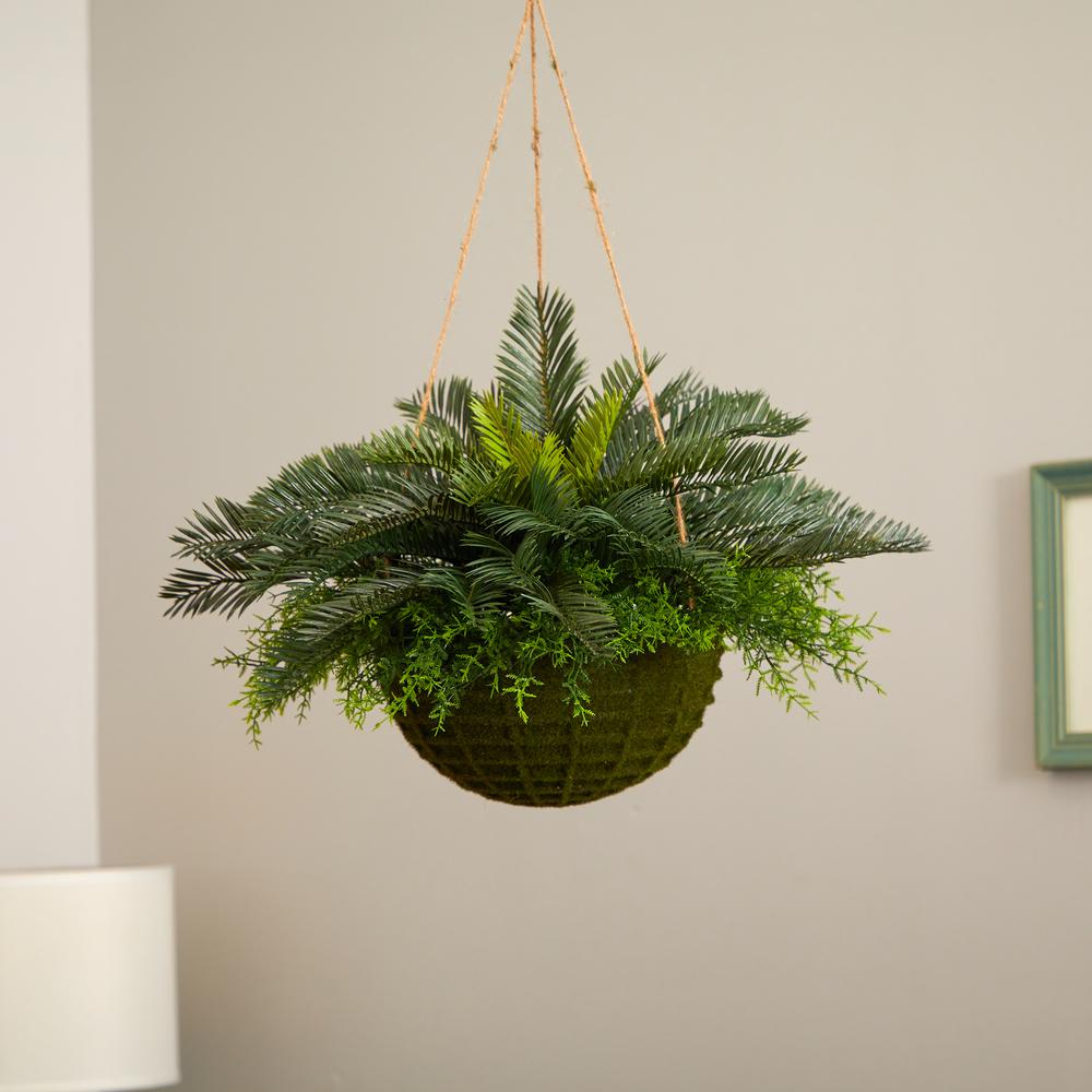 Cycas Artificial Plant in Mossy Hanging Basket (Indoor/Outdoor). Picture 2