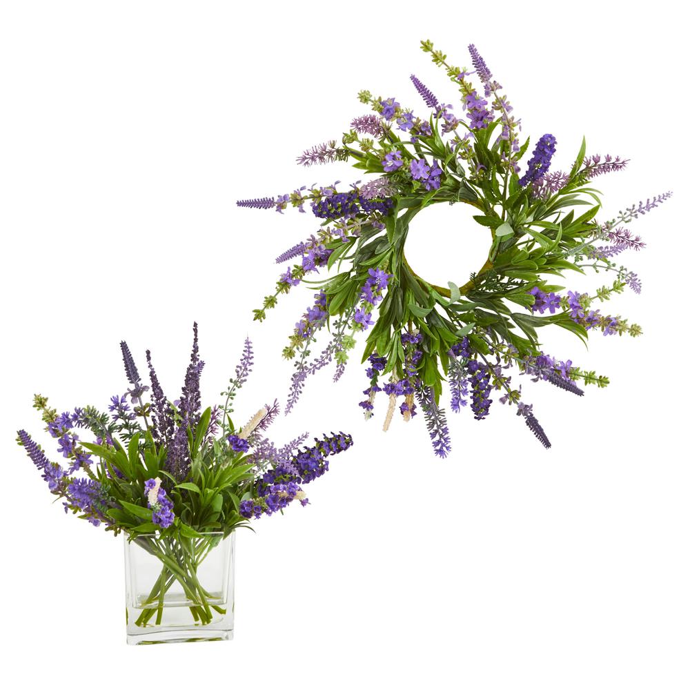 12in. Lavender Arrangement and 14in. Lavender Wreath (Set of 2). Picture 1