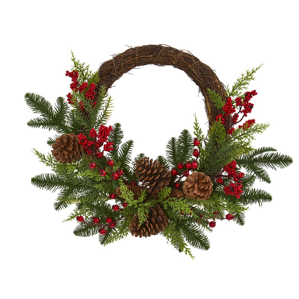 22in. Mixed Pine and Cedar with Berries and Pinecones Artificial Wreath. Picture 1