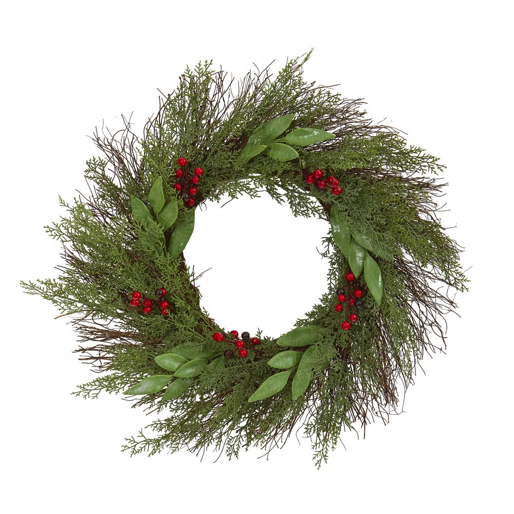 20in. Cedar and Ruscus with Berries Artificial Wreath. Picture 2