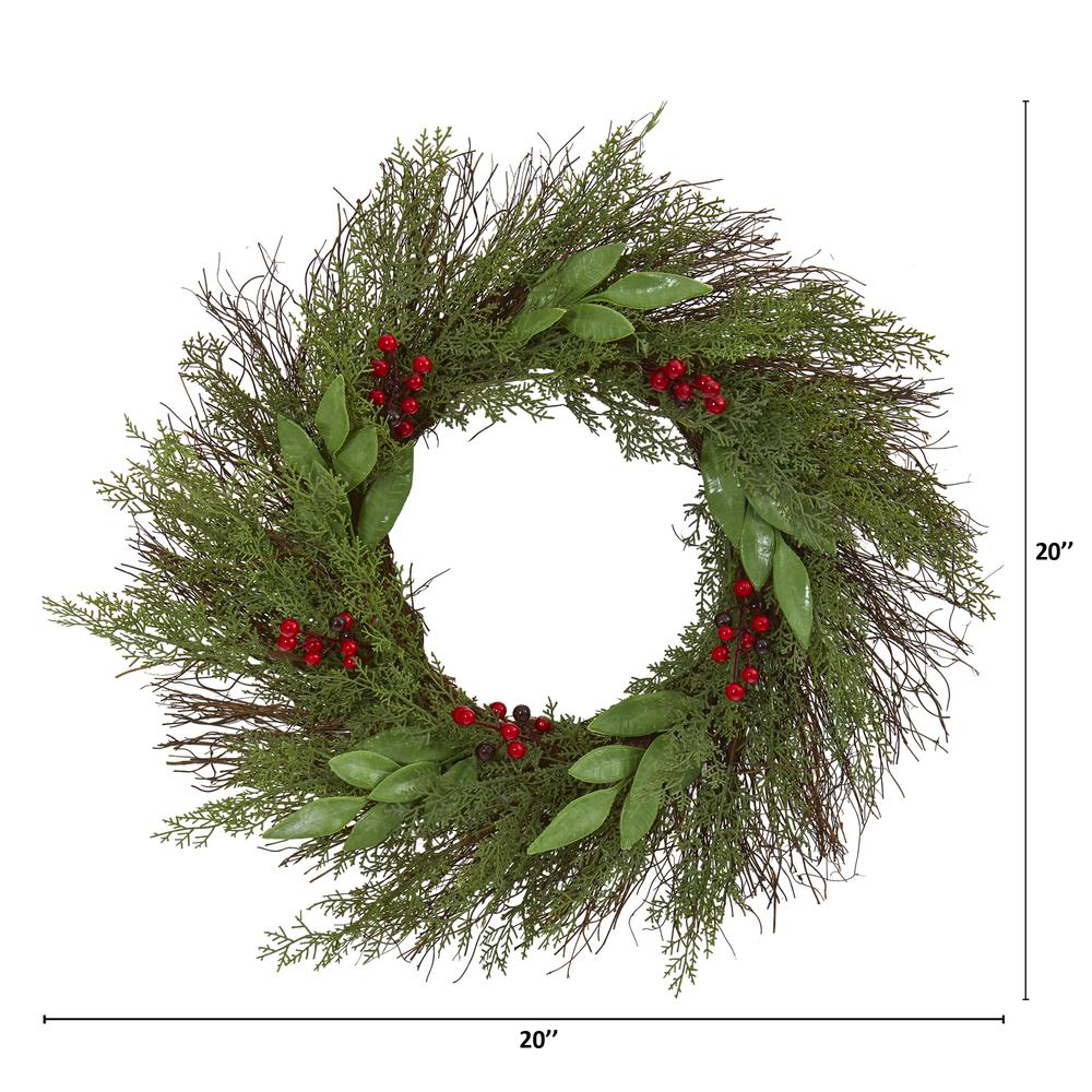 20in. Cedar and Ruscus with Berries Artificial Wreath. Picture 1