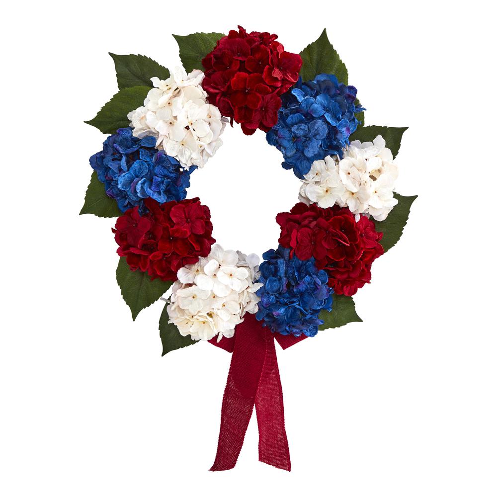 24in. Red, White and Blue Americana Hydrangea Artificial Wreath. Picture 1