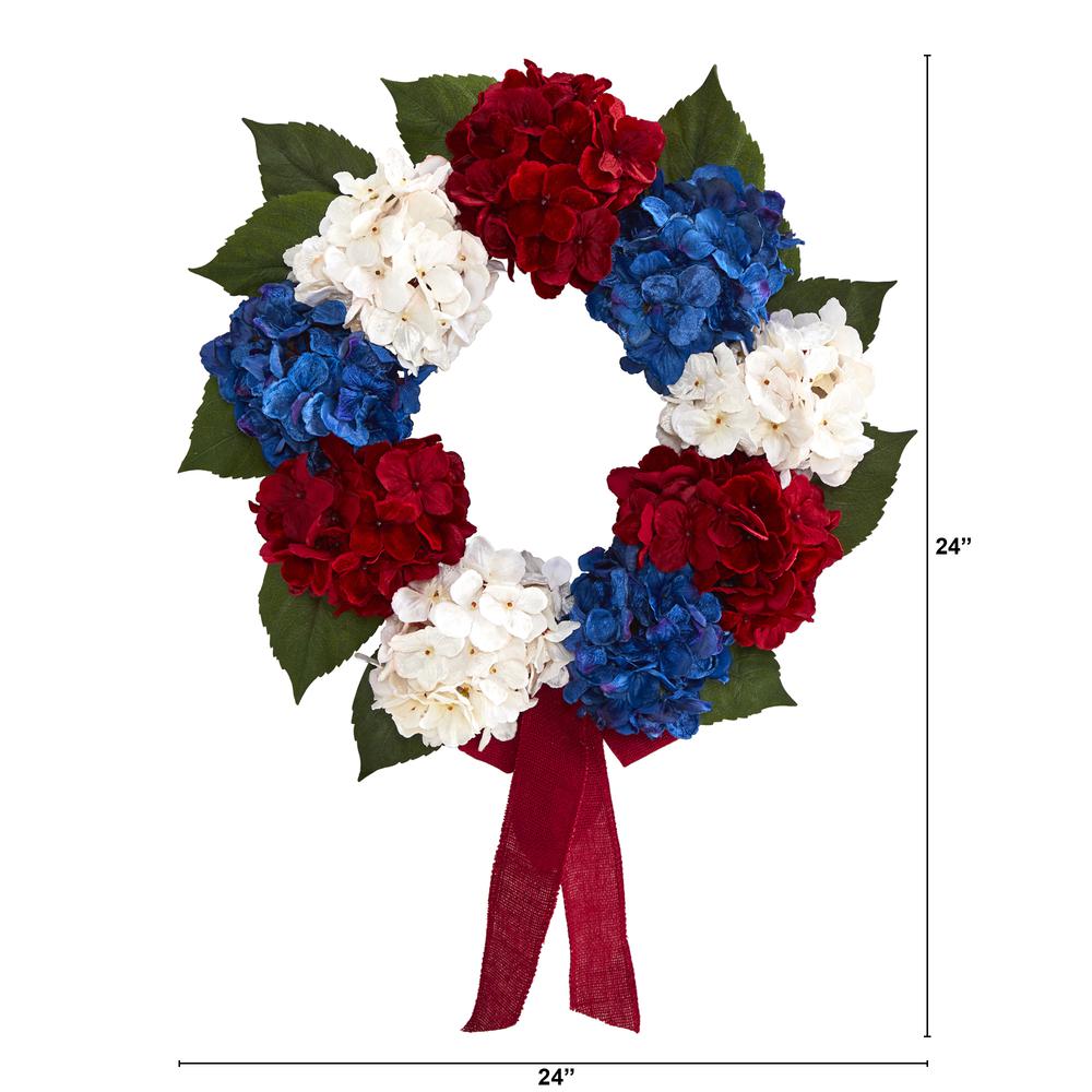 24in. Red, White and Blue Americana Hydrangea Artificial Wreath. Picture 3