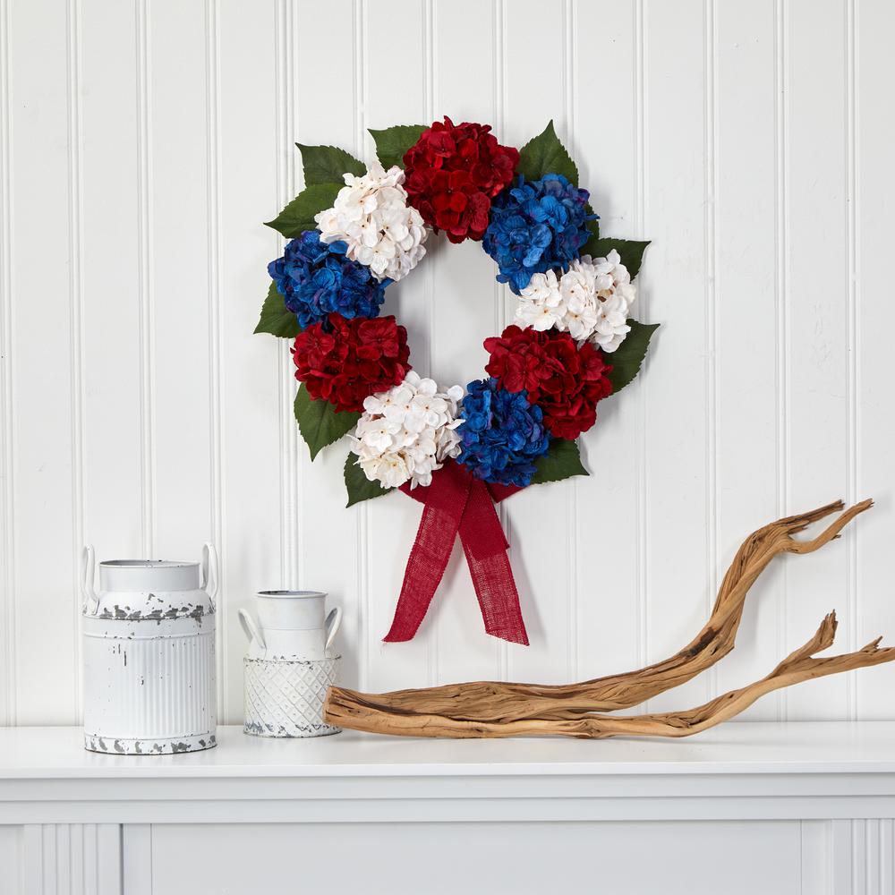 24in. Red, White and Blue Americana Hydrangea Artificial Wreath. Picture 2