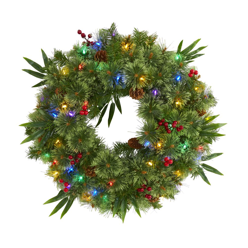 24in. Mixed Pine Artificial Christmas Wreath with 50 Multicolored LED Lights, Berries and Pine Cones. Picture 5