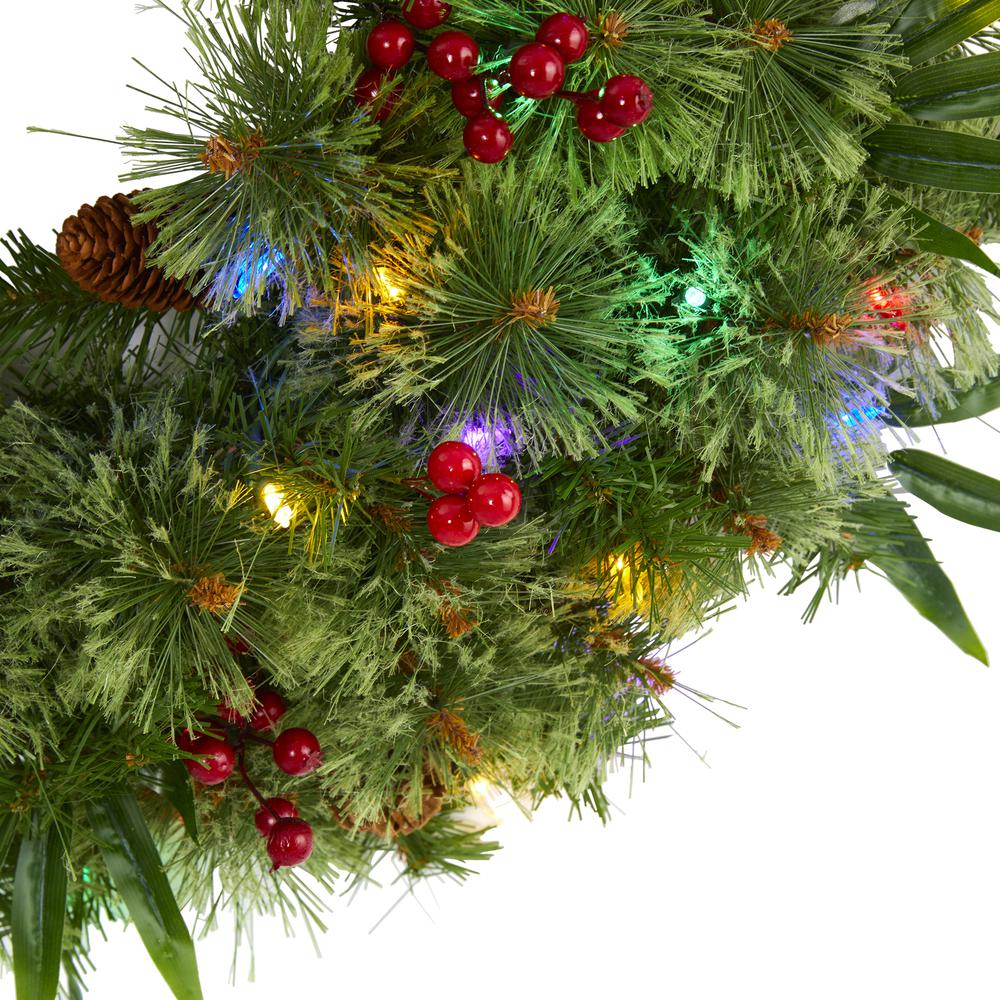 24in. Mixed Pine Artificial Christmas Wreath with 50 Multicolored LED Lights, Berries and Pine Cones. Picture 2