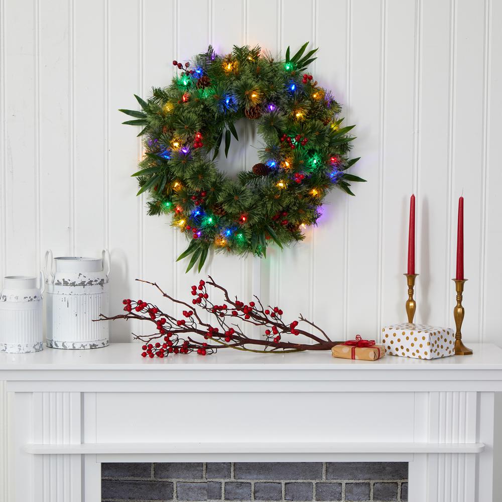 24in. Mixed Pine Artificial Christmas Wreath with 50 Multicolored LED Lights, Berries and Pine Cones. Picture 4