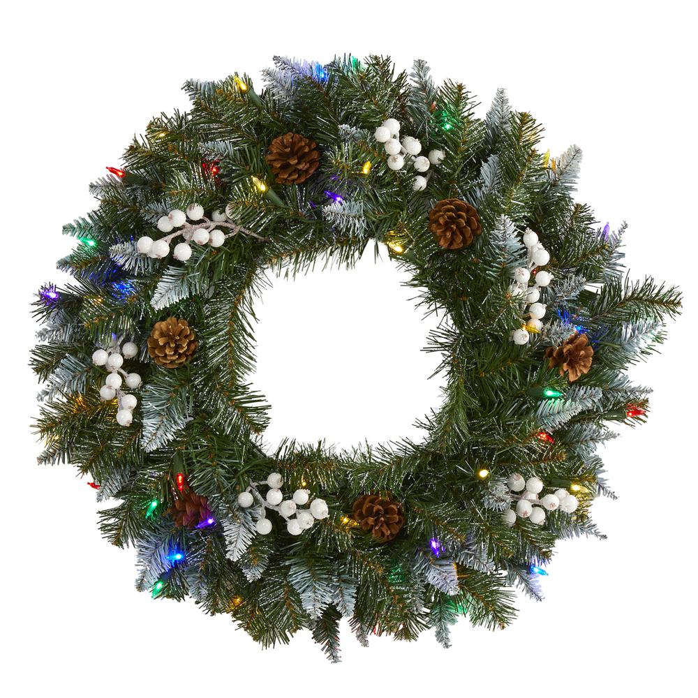 Snow Tipped Artificial Christmas Wreath with 50 Multicolored LED Lights. Picture 1